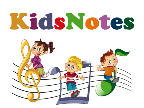 Kidsnotes logo with children playing on music notes