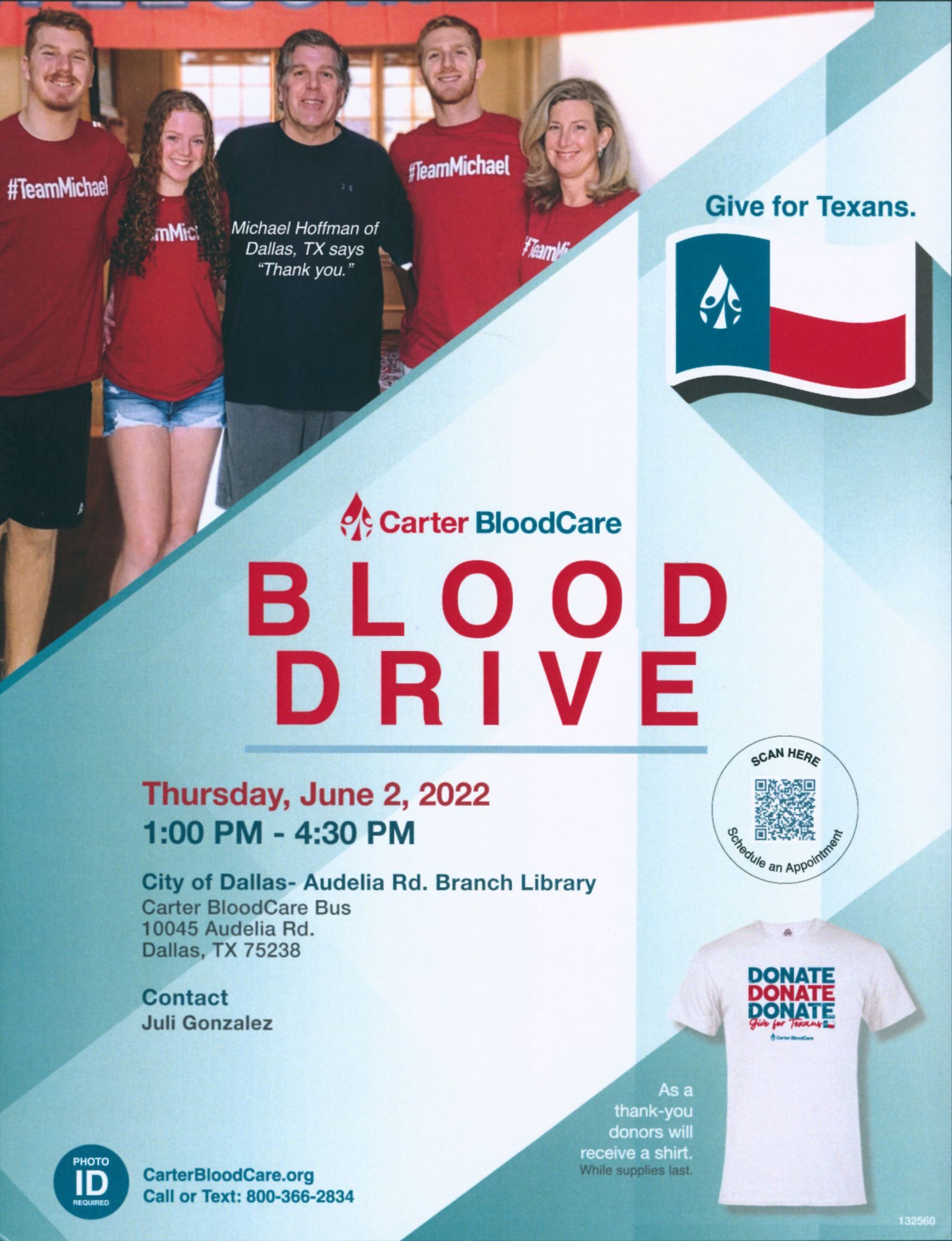 Blood Drive Flyer showing happy family, Texas flag, QR code