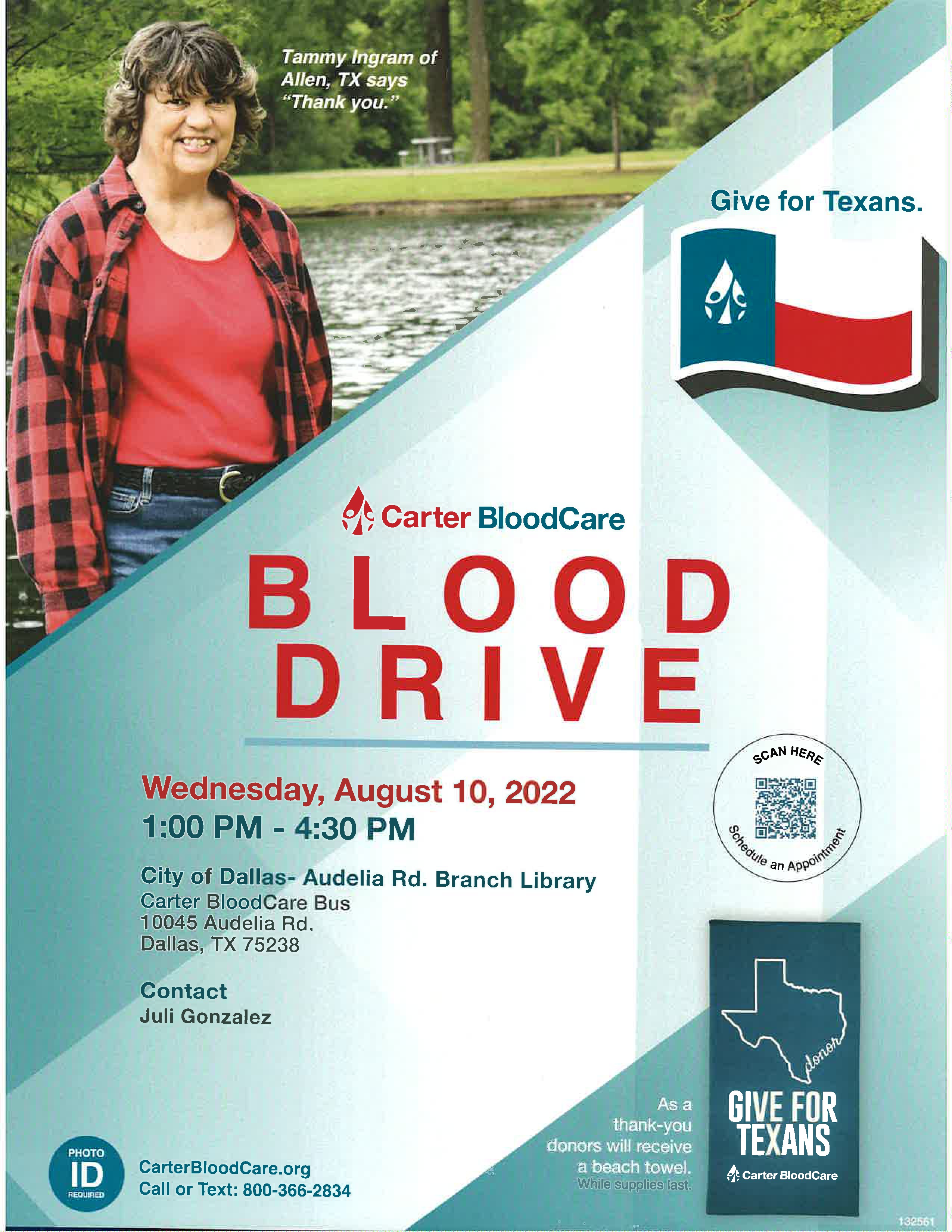 Blood Drive Flyer showing smiling woman, Texas flag, QR code