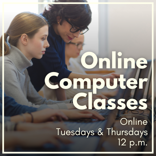 Online Computer Classes cover graphic featuring two people discussing what's on the computer screen and event details