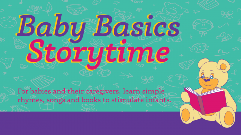 banner reading baby basics storytime with a teddy bear reading a book