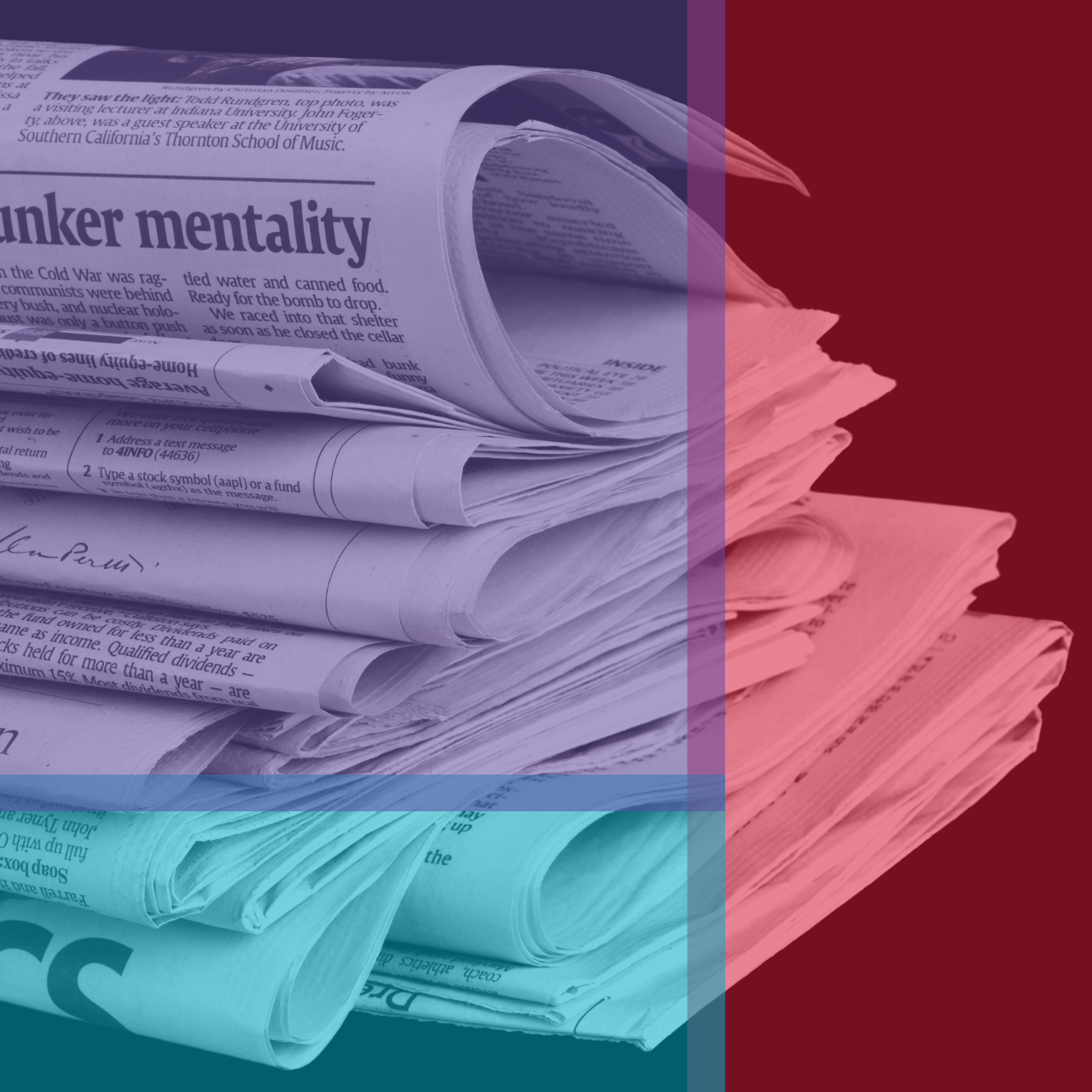 A stack of newspapers overlaid with the library colors.