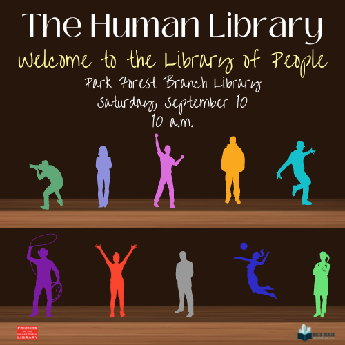 The Human Library cover graphic featuring shelves of different-colored people in varying poses and event details.