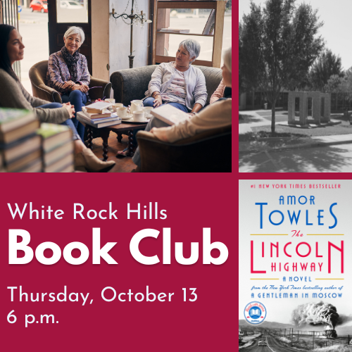 White Rock Hills Book Club Cover Image featuring event details 