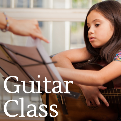 Guitar class cover graphic featuring a young student reading a music sheet with someone guiding them