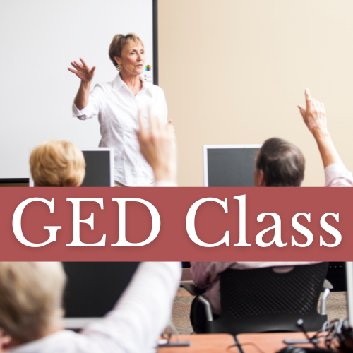 GED Class cover graphic featuring an instructor speaking to a class