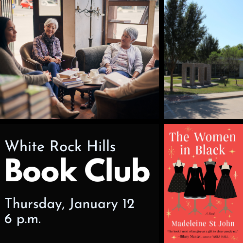 White Rock Hills Book Club Cover Image featuring event details and cover of the month's book