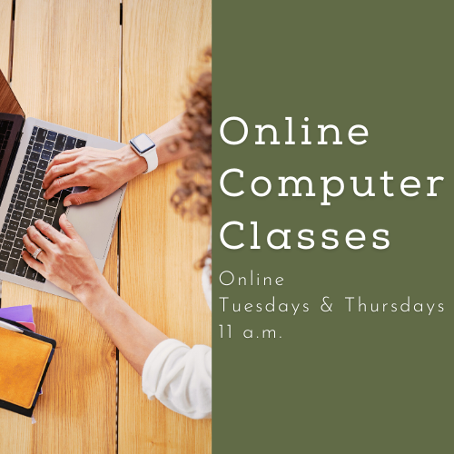 Online Computer Classes cover graphic featuring event details and a person working on their laptop