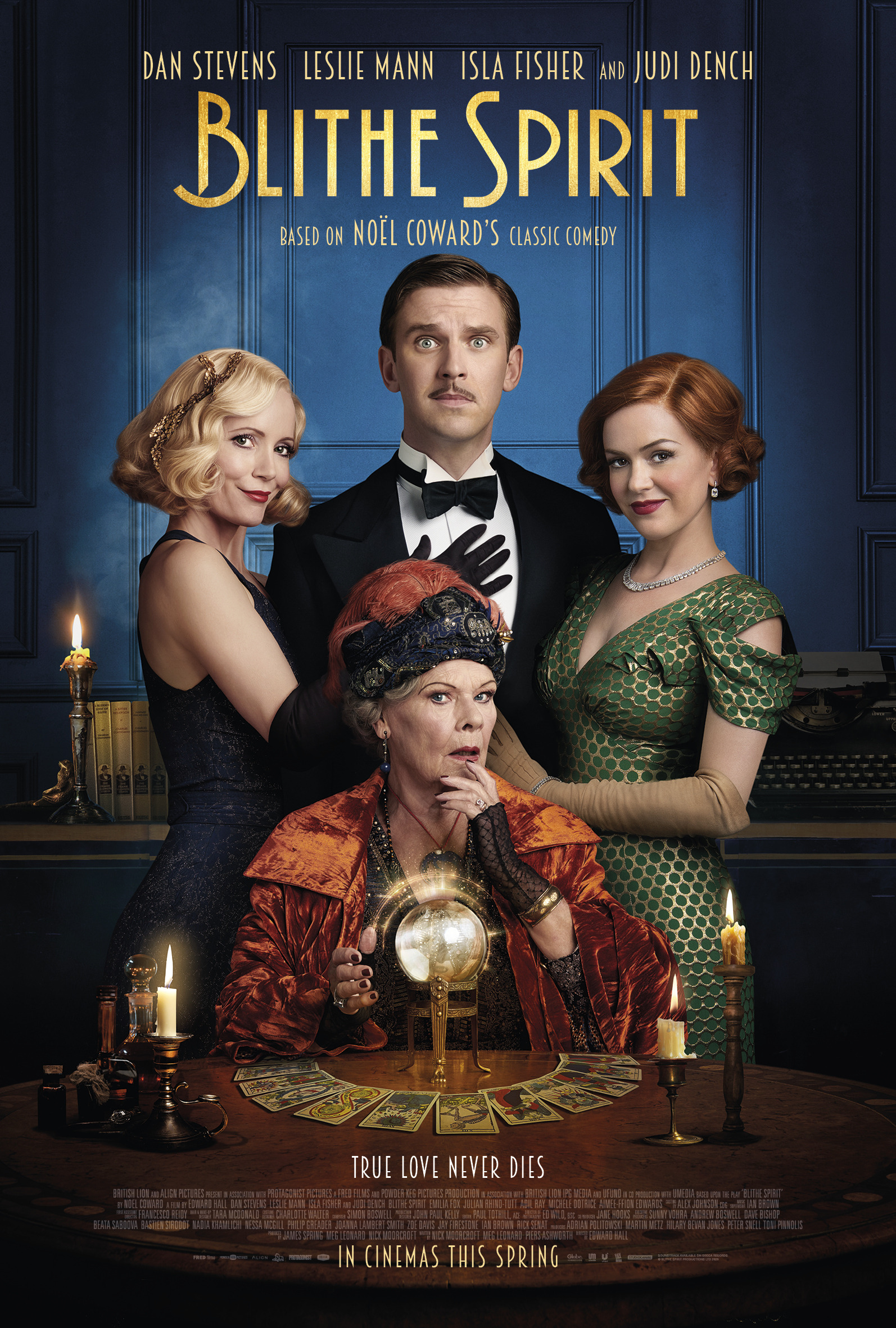 Blithe Spirit Movie Poster: Three people standing around a woman seated at a table with a crystal ball in front of her.
