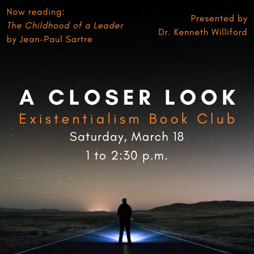 A Closer Look cover graphic featuring event details and a person standing in a road staring at the sky