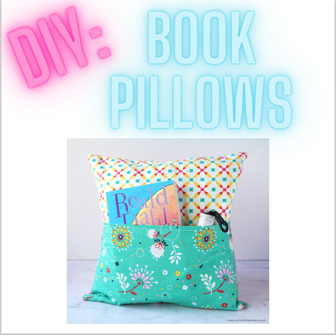 A pillow with a front pocket holding a book under text that reads "DIY: Book Pillows"