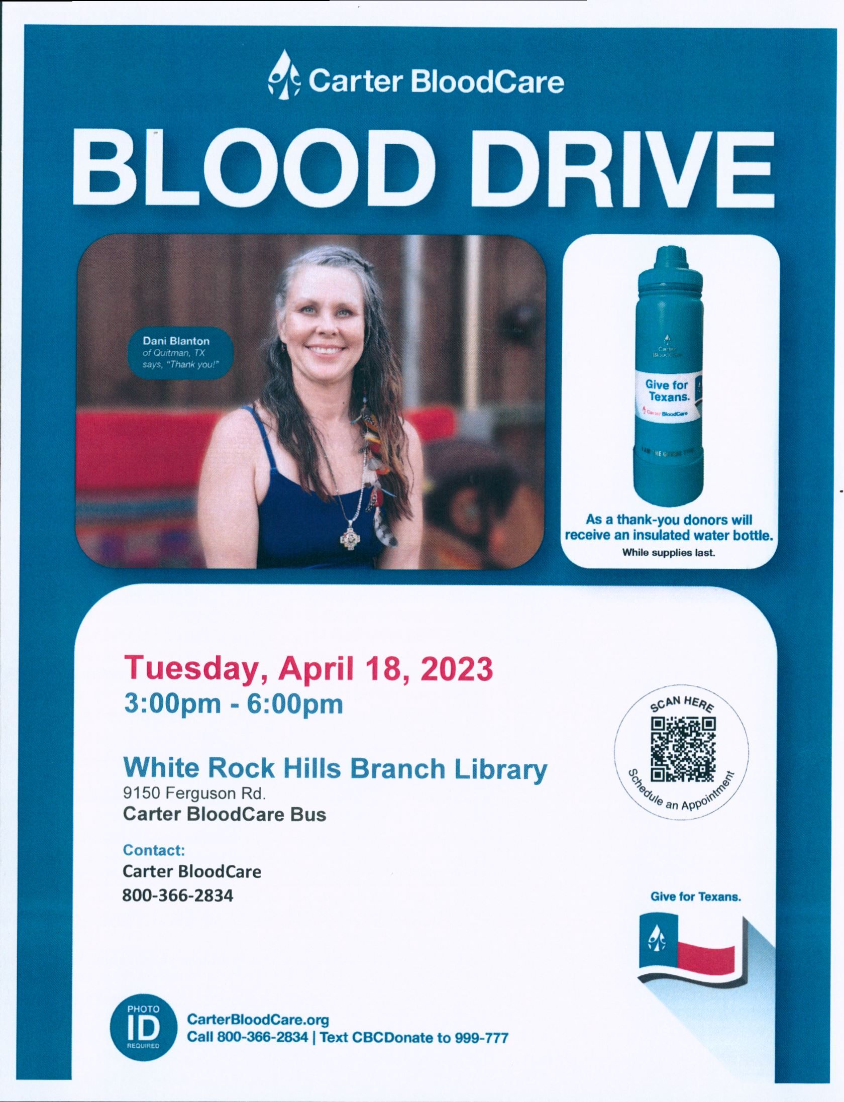 Blood Drive April 18, 2023 from 3-6pm at the White Rock Hills Branch Library