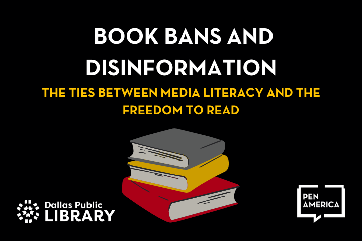stack of books with wording book bans and disinformation 