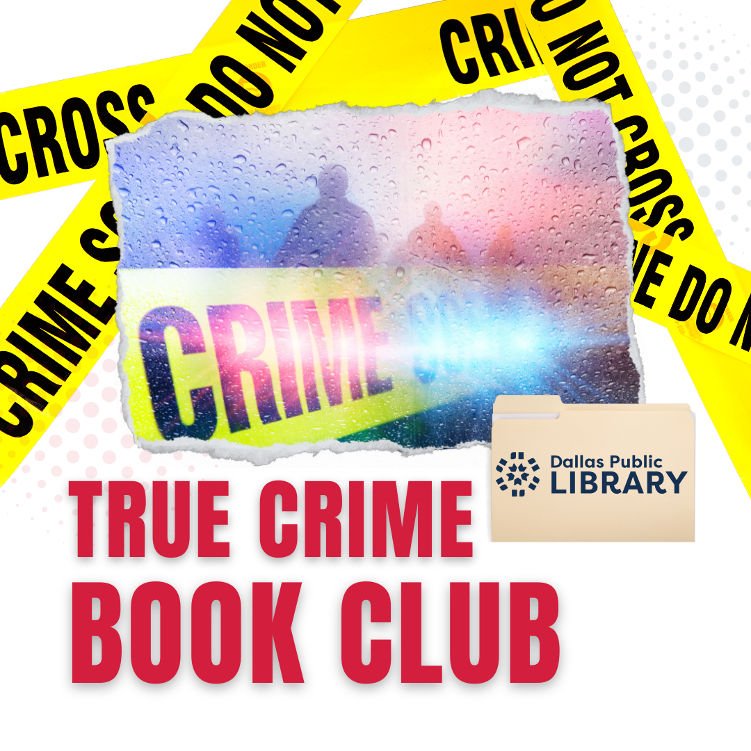 "True Crime Book Club" with yellow "Crime Scene" tape