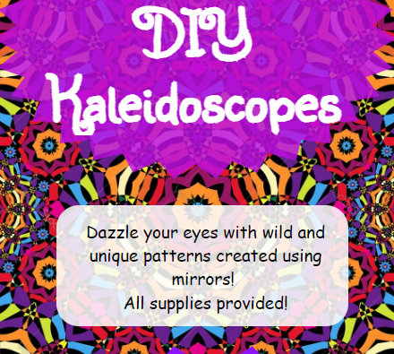 A swirl of colorful pattern overlaid with text reading DIY Kaleidoscopes
