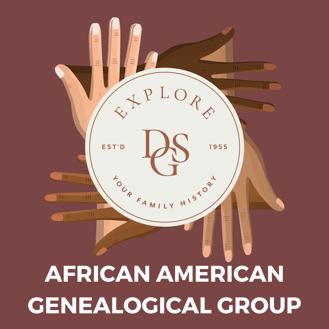 DGS logo over four flat palm hands on a maroon background