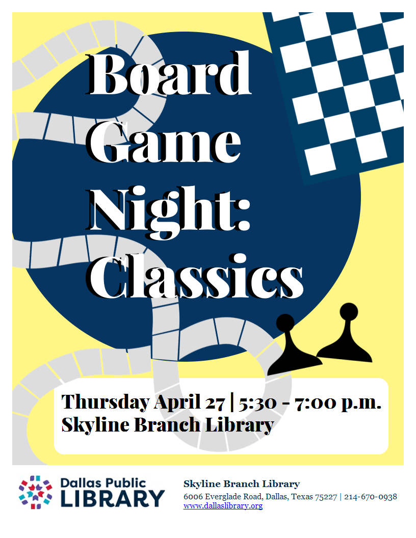A Yellow and Blue Poster advertising "Board Game Night: Classics"