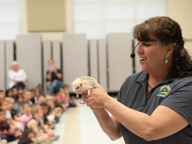 A female presenter holding a hedgehog in front of a group of children.