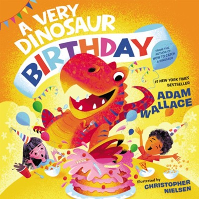 Book cover for the book A Very Dinosaur Birthday featuring children with a dinosaur and cake. 