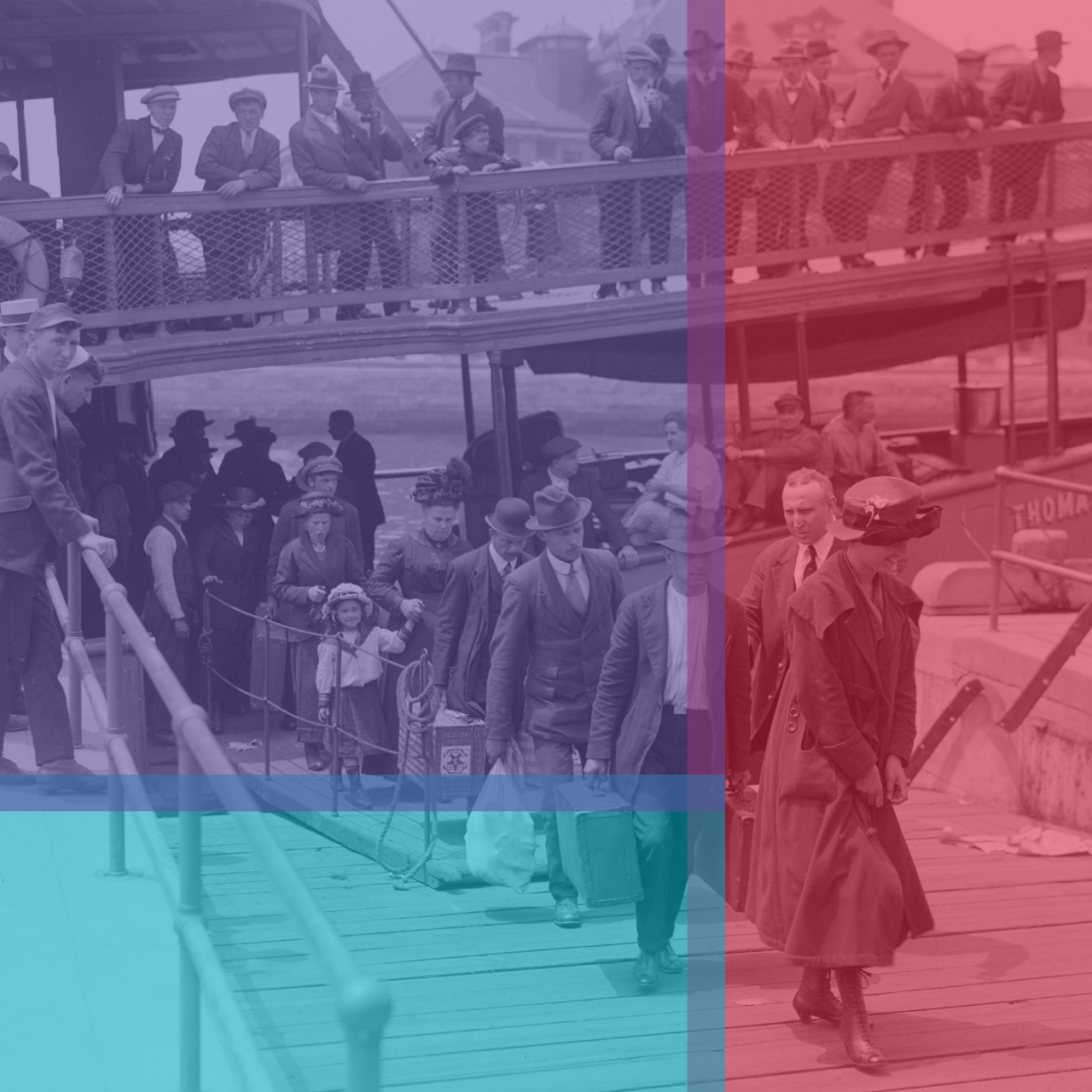 Immigrants disembarking at Ellis Island overlaid with the library colors.