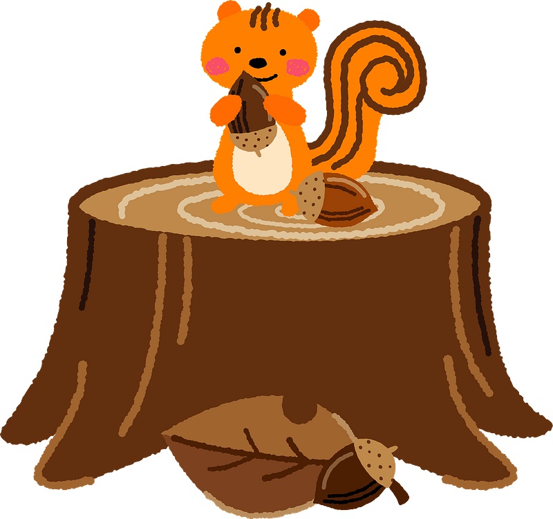A cartoon Squirrel standing on a tree stump while smiling and holding an acorn