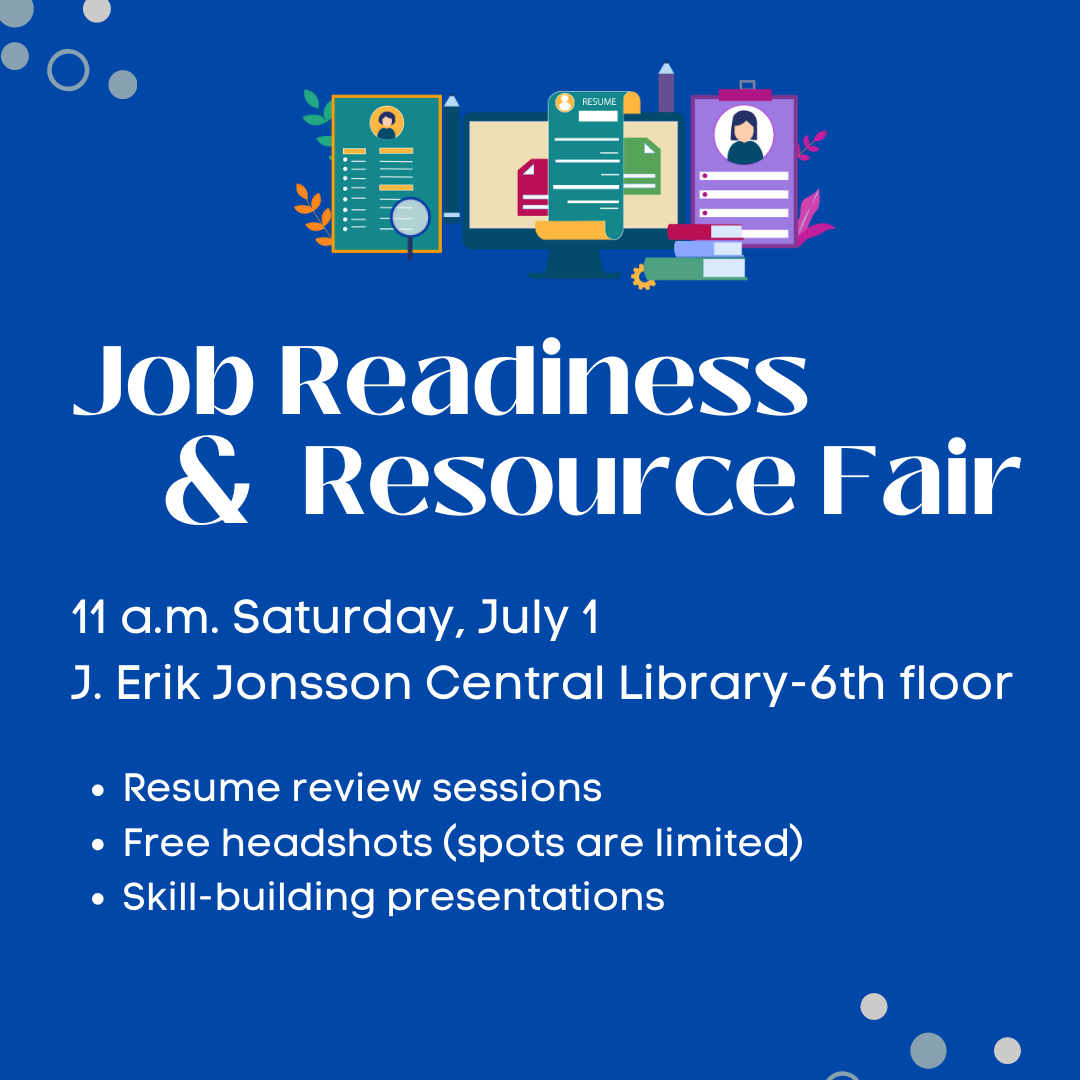 Image with a blue background and white text promoting the job readiness and resource fair. 
