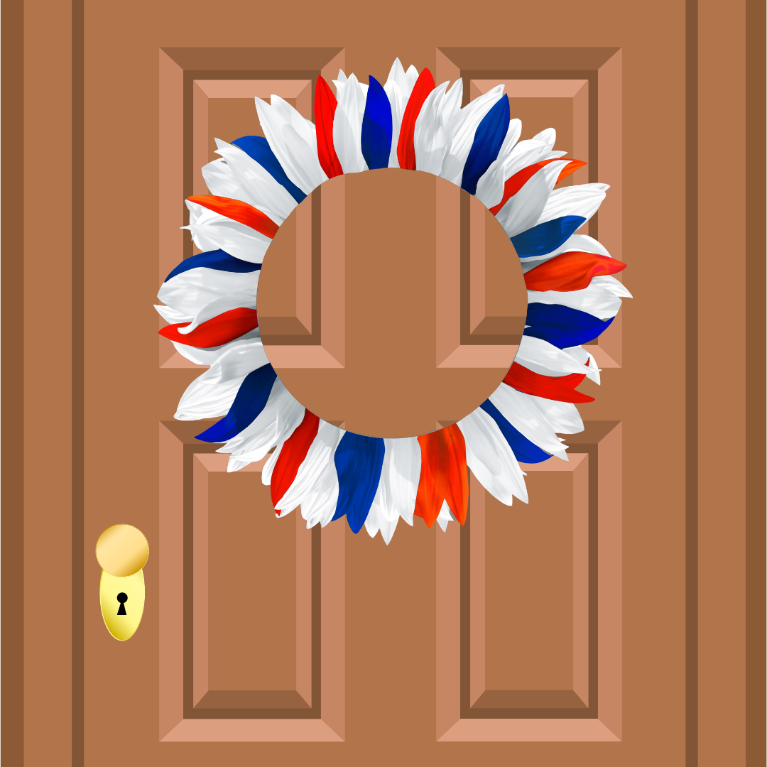 A red, white and blue wreath hanging on a door.