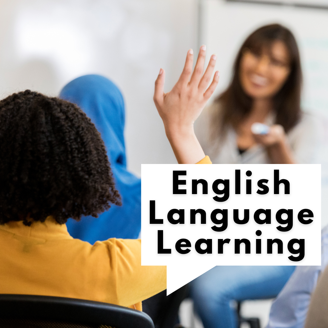 English Language Class cover graphic featuring a student raising their hand and being called on