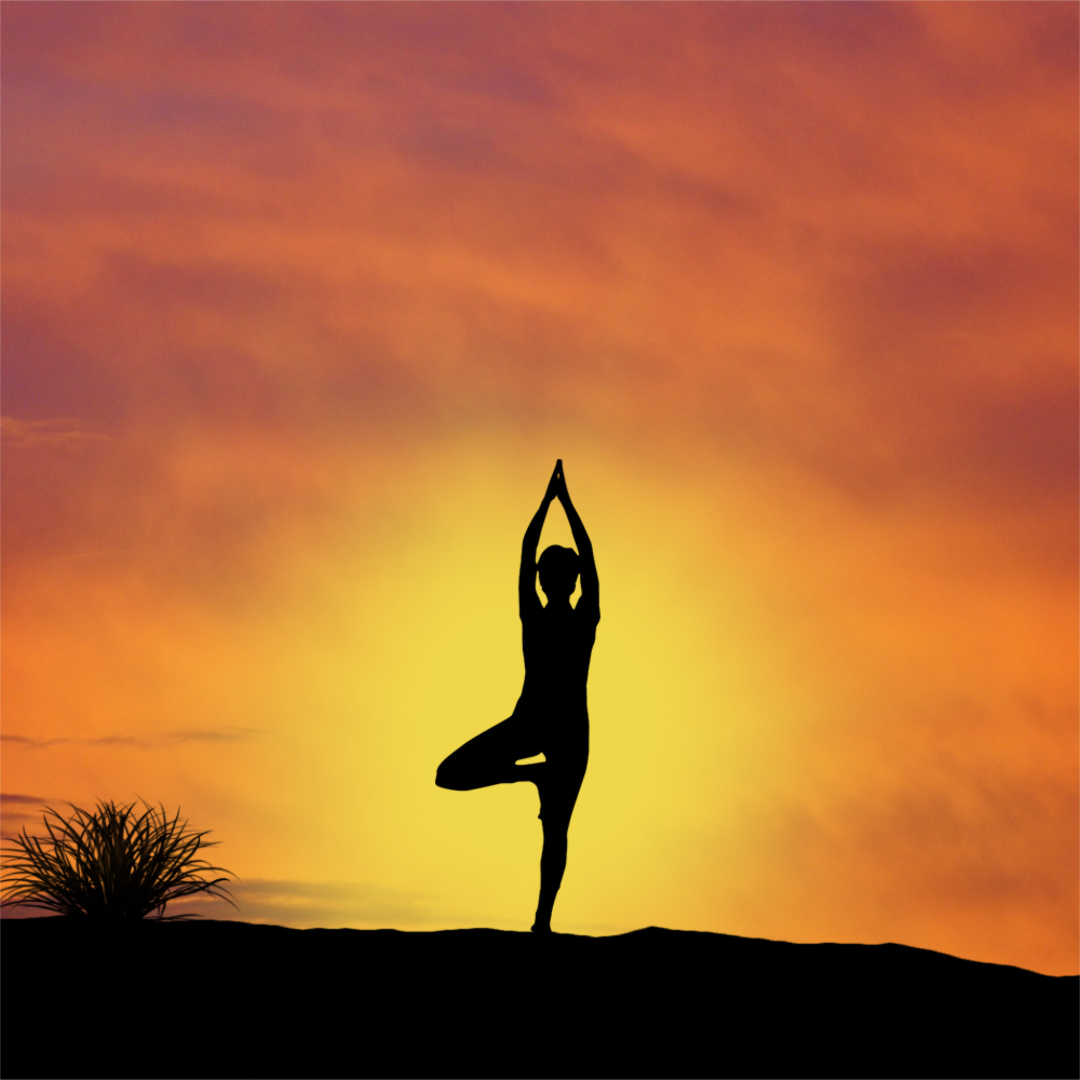 A person doing yoga silhouetted against the sunrise.