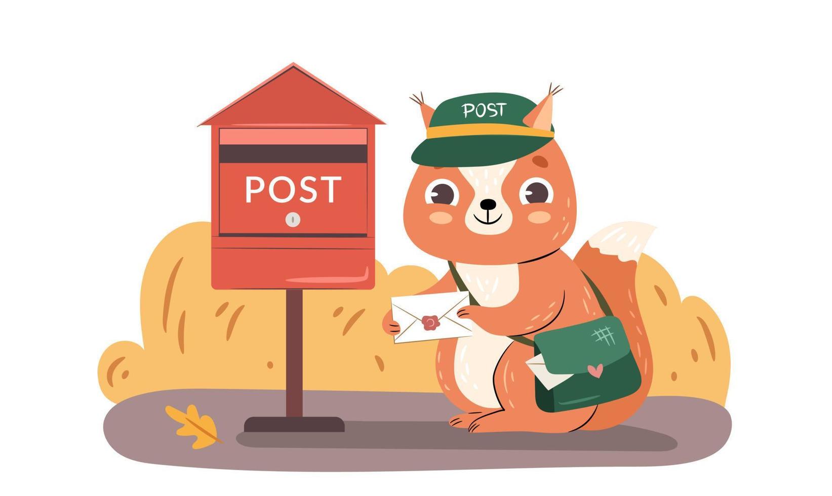 An illustrated squirrel delivering mail.