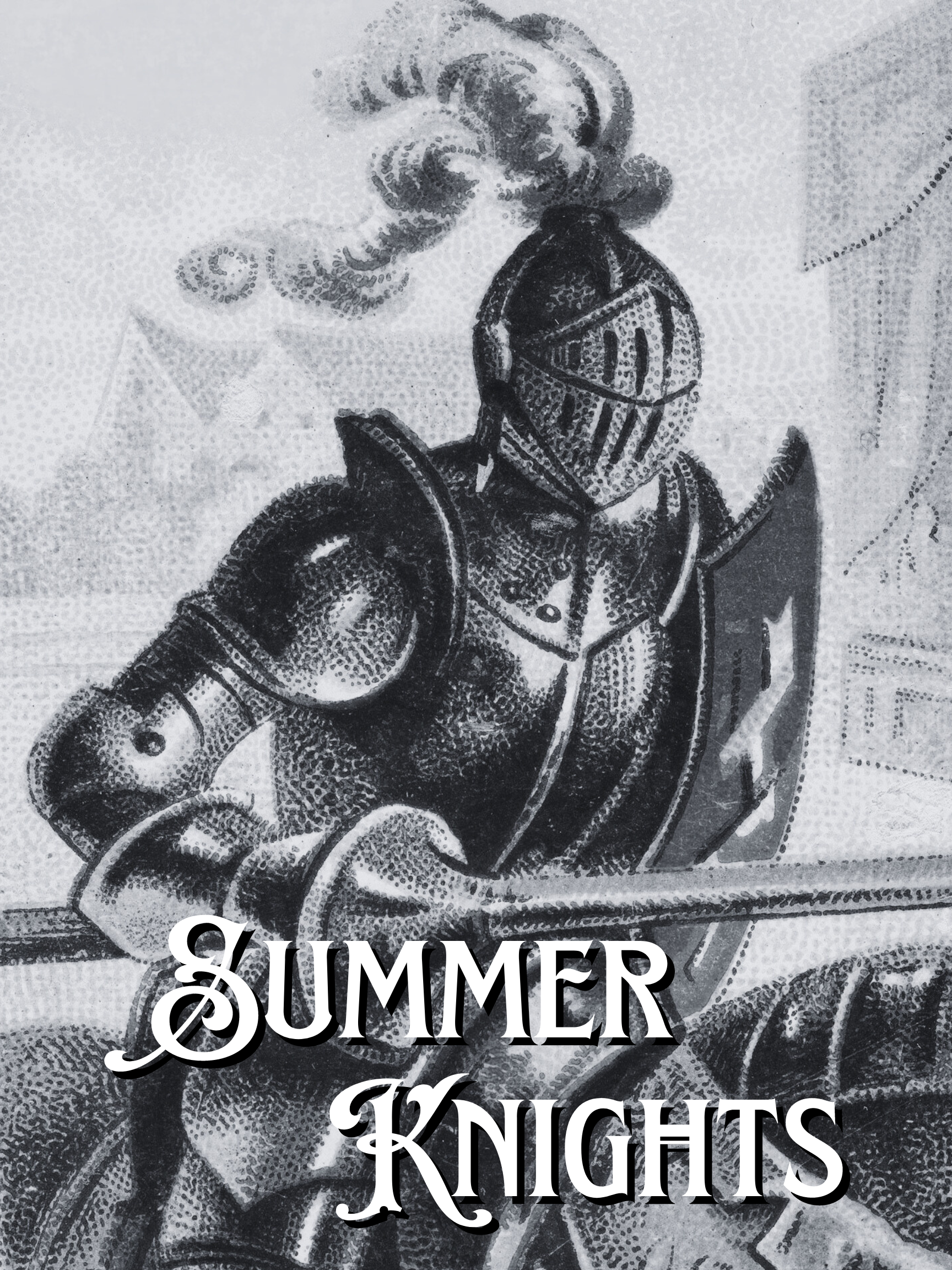 A knight in full plate armor sits astride a horse, his lance pointed forward as if he is about to joust. Over the bottom of the image is the text "Summer Knights."