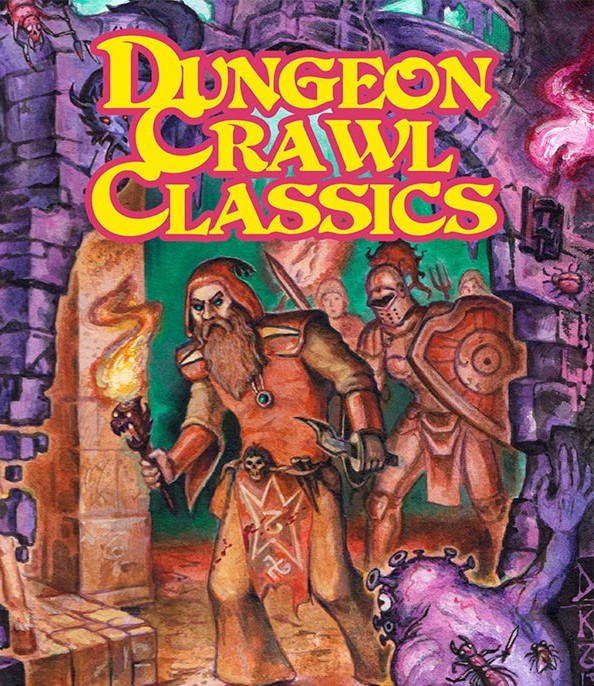 Artwork depicting a wizard in red robes and a knight in armor delving into an old stone dungeon as a purple creature skulks in the shadows. Over top in yellow text reads "Dungeon Crawl Classics."