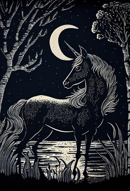 Drawing of an Unicorn in the Moonlight
