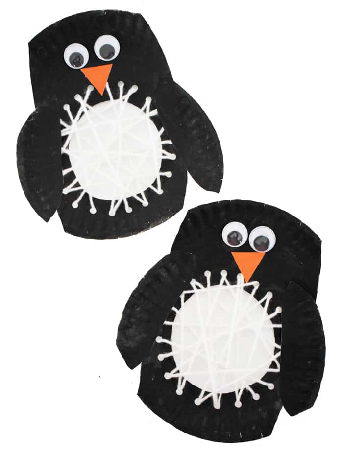 2 paper plate  black white penguins with lacing