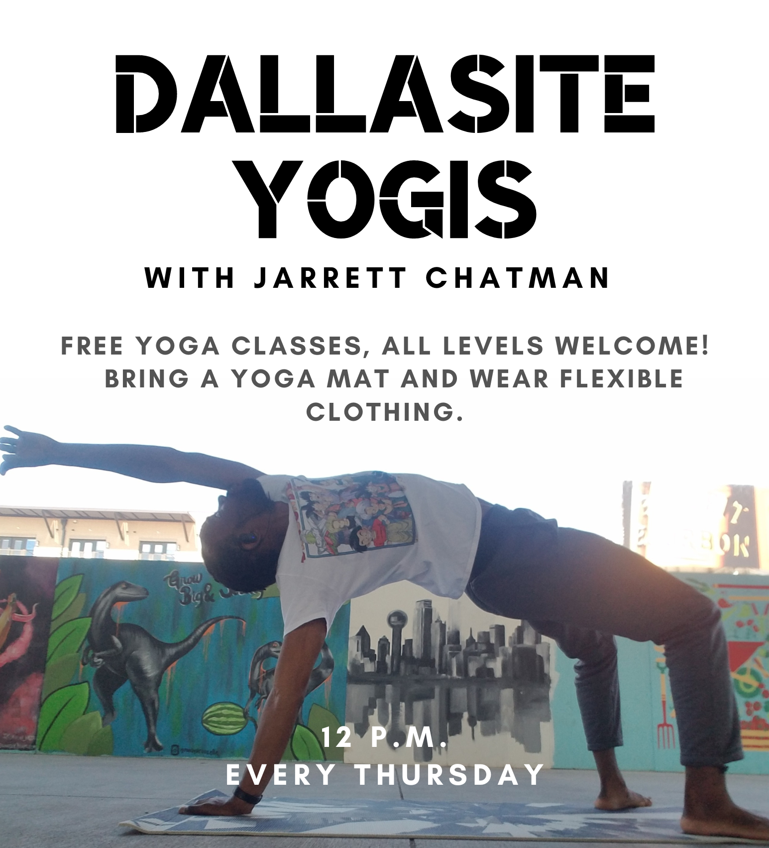Dallasite Yogis flyer. Image of a man in a yoga pose.