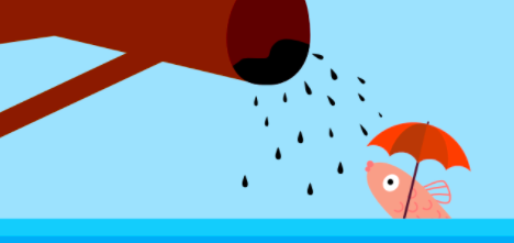 A cartoon fish holds an umbrella while watching oil pollute the ocean from a pipe