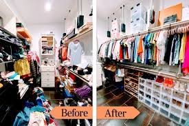 cluttered closet and organized closet