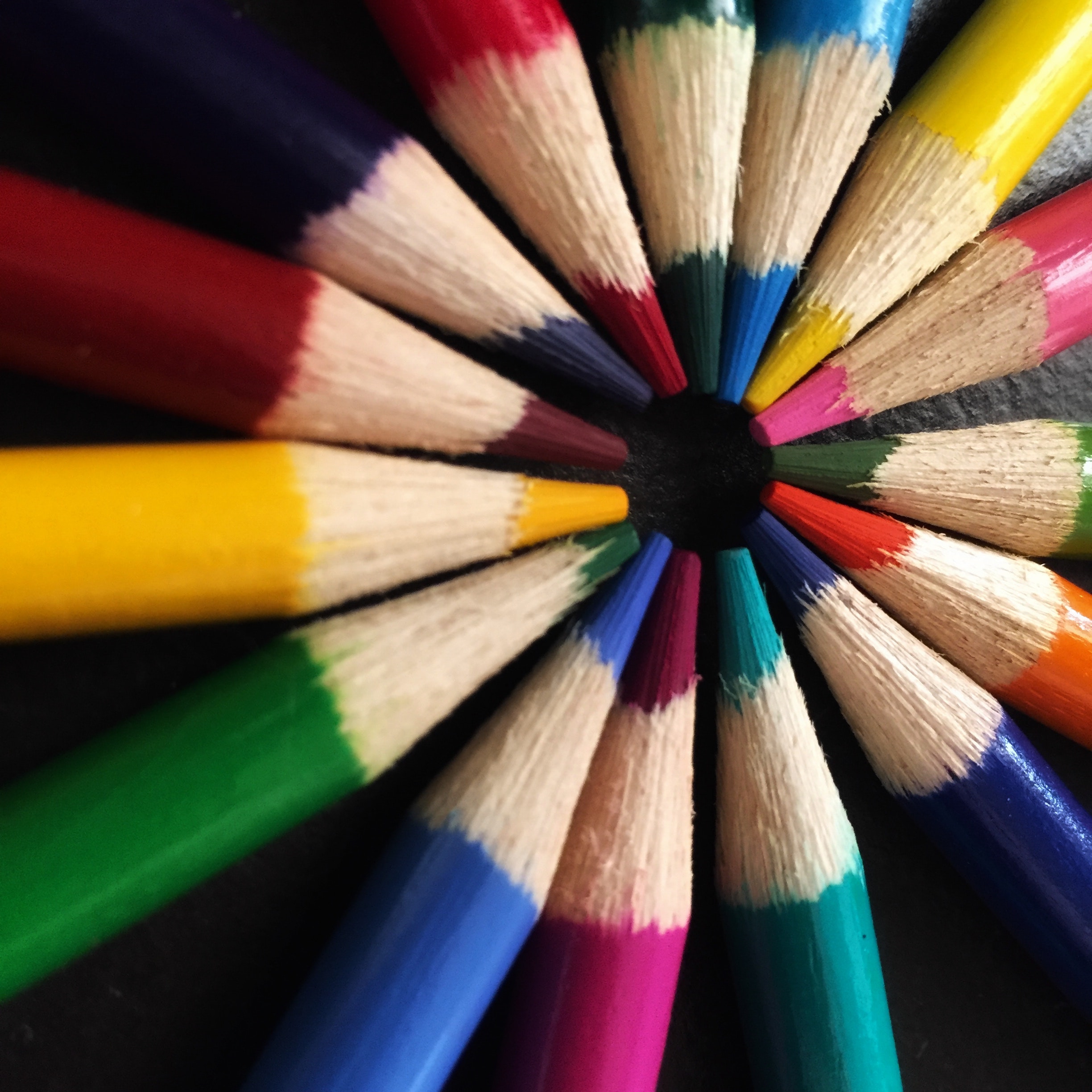 A spiral of multi-colored pencils