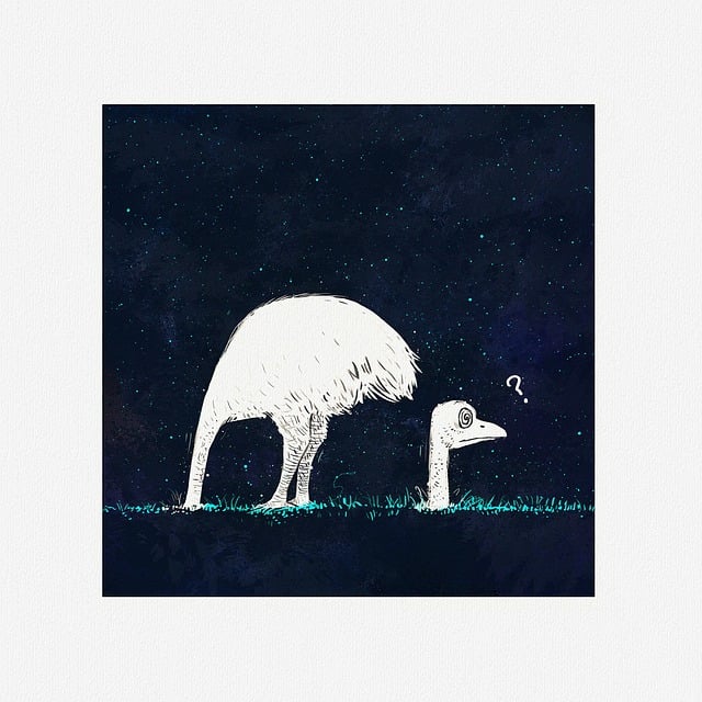 An ostrich looking confused on a starry night, in a grassy plain, with a mainly black background. The ostrich has put his head underground and brought it above ground behind them.