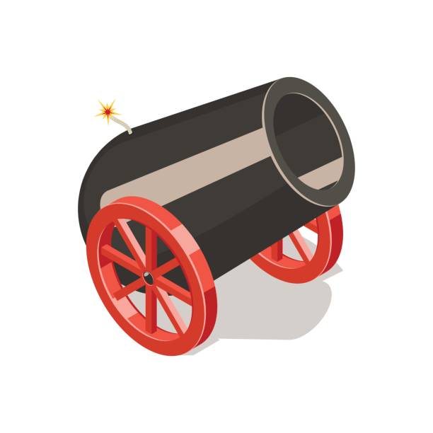 A illustrated black cannon with red spoked wheels pointing upward at an angle