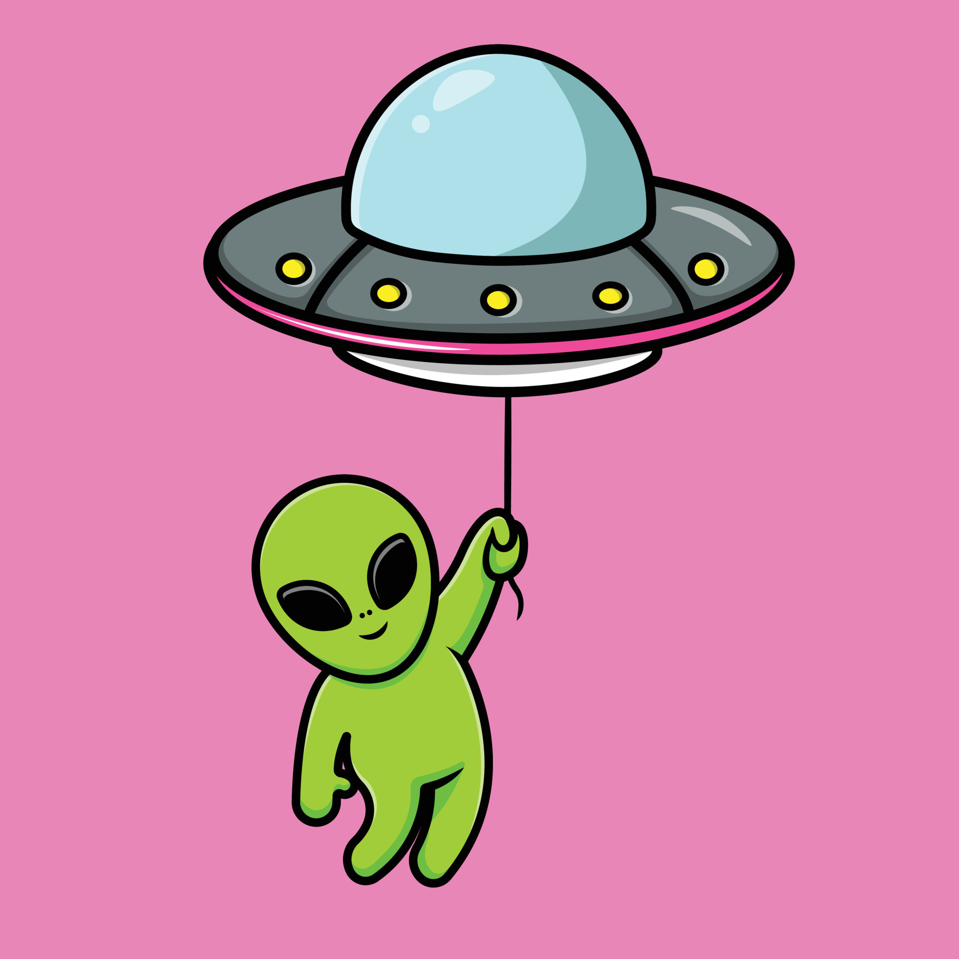a green cartoon alien hangs on a string attached to a flying ufo. The background is pink.