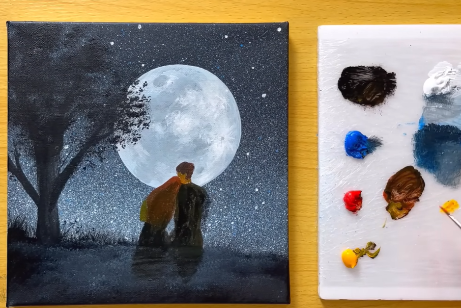 Painting of a moon with people underneath