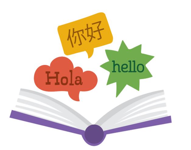 Graphic of open book with "Hello" and "Hola" speech bubbles above