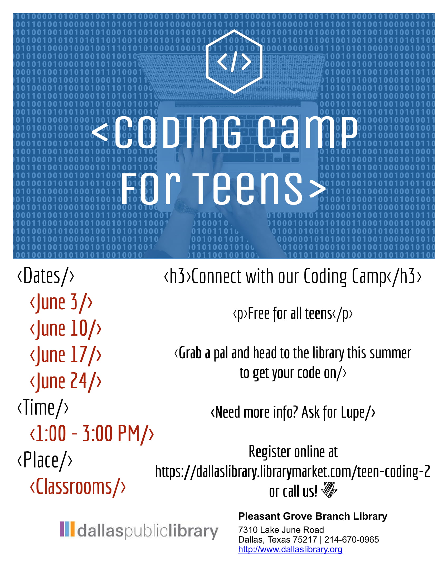 This is a flyer about the coding camp (for teens)