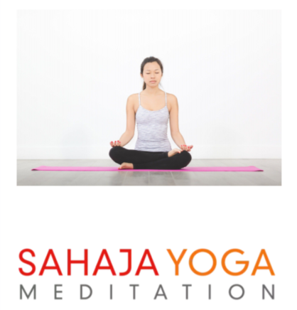 Woman sitting in lotus position above Sahaja Yoga logo