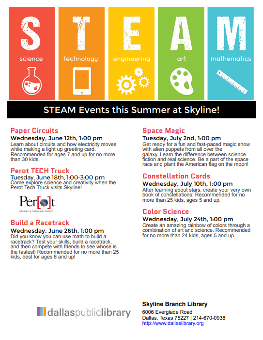Steam Programs this Summer at Skyline Branch Library