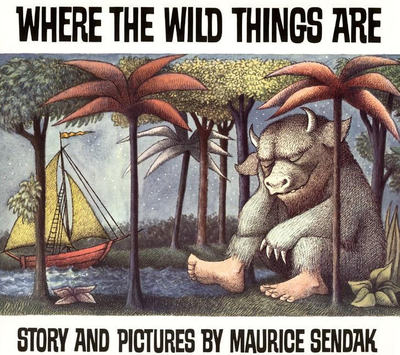 Book Cover Art of a Wild Thing napping underneath a palm tree as Max sails into port.