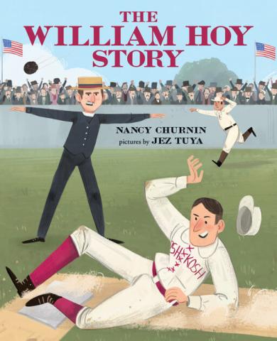 Book Cover Art of William Hoy the baseball player sliding into a home-run!