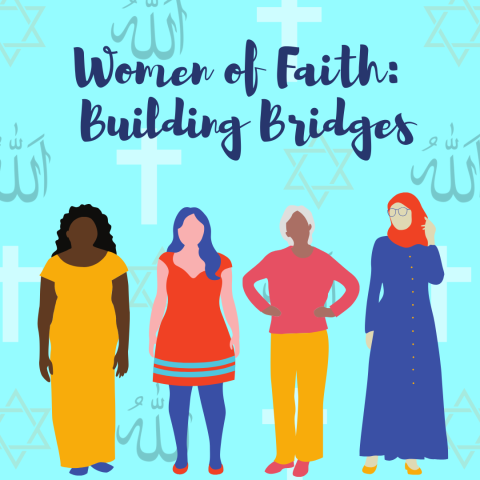 4 women of different ethnicities in front of a background of crosses, Stars of David, and Arabic calligraphy of the word, "Allah"