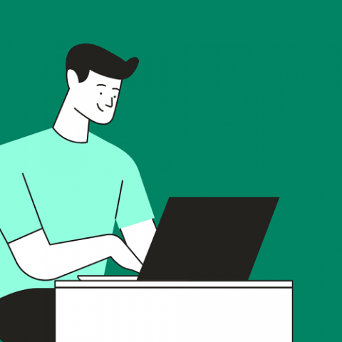 cartoon man at laptop on green background